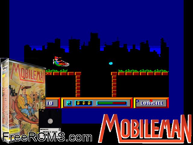 Mobile Man (F) (1989) [a1] Amstrad CPC game showing 3D box cover and gameplay screenshot
